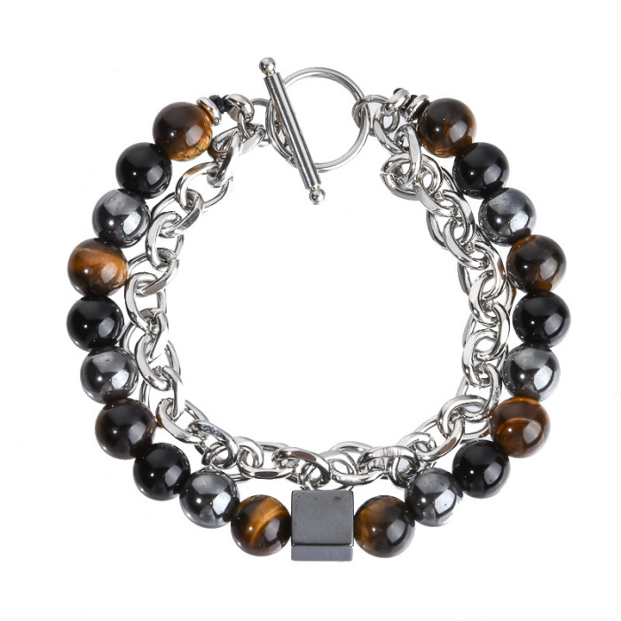 Custom Stainless Steel Chain Copper Bead European and American Men's Bracelet Agate Crystal Tiger Eye Stone Beaded Jewelry Factory