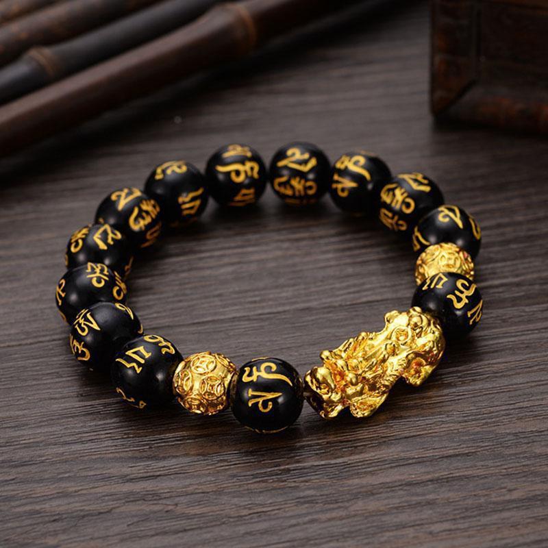 Hot-Selling 12MM Obsidian Gold-Plated Pixiu Bracelet Unisex Six-Word Mantra Buddhist Bead Bracelet In Stock