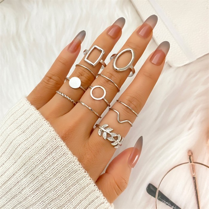 Cross-Border New Geometric Olive Branch Leaf Set 11-Piece Combination Creative Joint Ring for Women with Unique Design