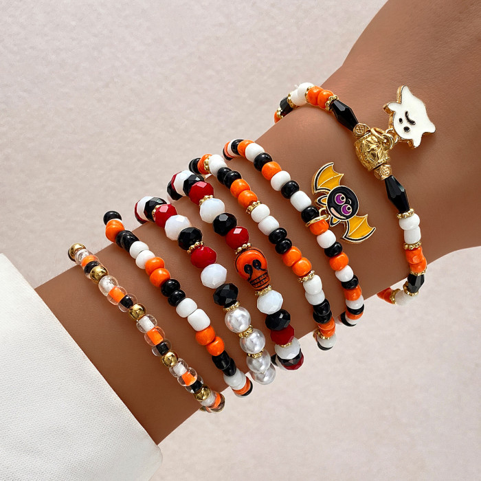 Cross-Border Halloween Quirky Skull Bead Bracelet Set for Women, Unique Devil's Eye Oil-Drip Bat Jewelry for Women