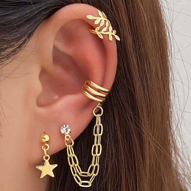 European and American Cross-Border Fashion Commuting Gold Leaf Tassel Earrings Fashion Star Ear Cuff 3-Piece Alloy Earrings Set