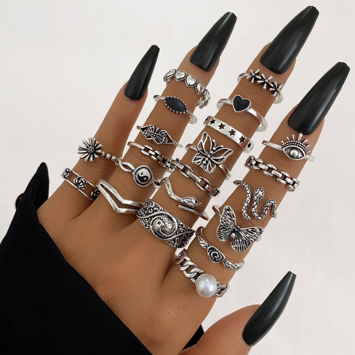 European and American Punk Dark Butterfly Skull Hollow Face Ring Multi-piece Set Personality Trendy Vintage Ring Set