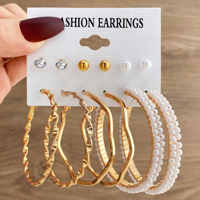 Inlaid Pearl Butterfly Stud Earrings High-End Sense Hoop Vintage Metal 6-Piece Earring Set for Women, Jewelry Sets