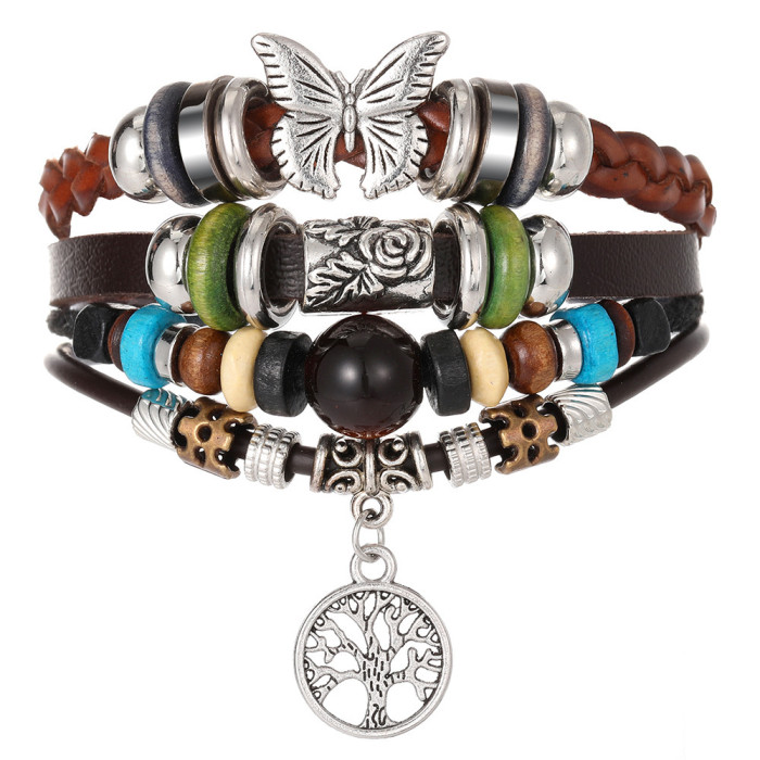 Cross-Border Turquoise Men's Woven Faux Leather Bracelet Multi-Layer Leaf Pendant Beaded Women's Bracelet Wholesale
