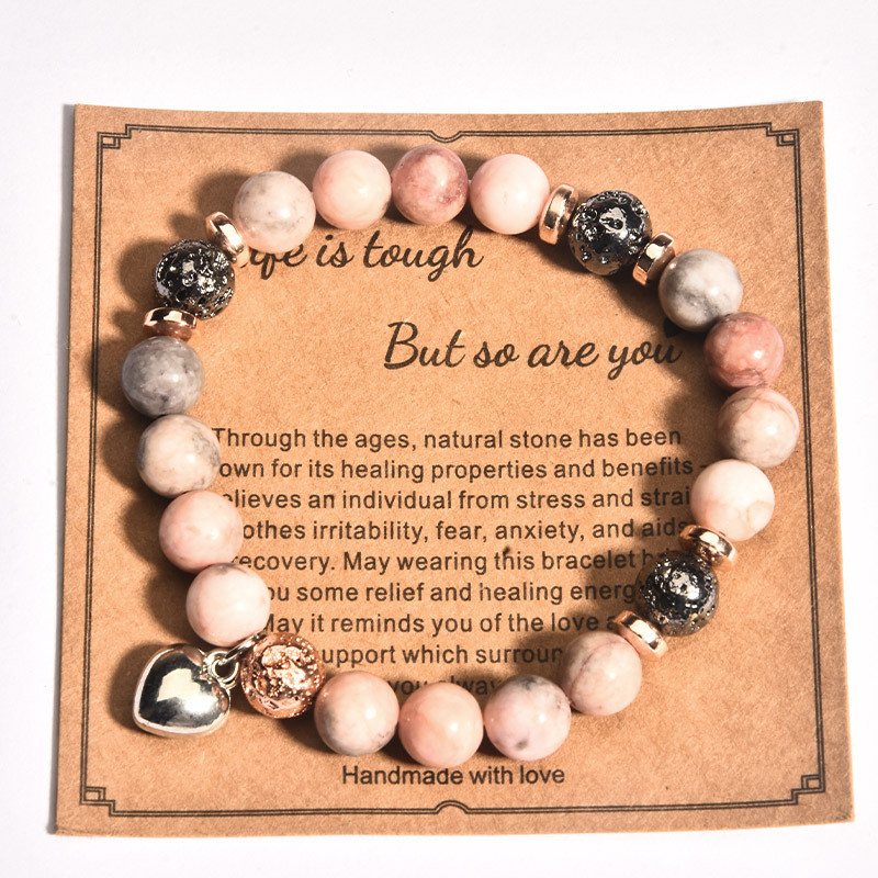 Summer New Arrival Handmade Woven Pink Zebra Green Chalcedony Hematite Unisex Beaded Heart Bracelet Cross-Border