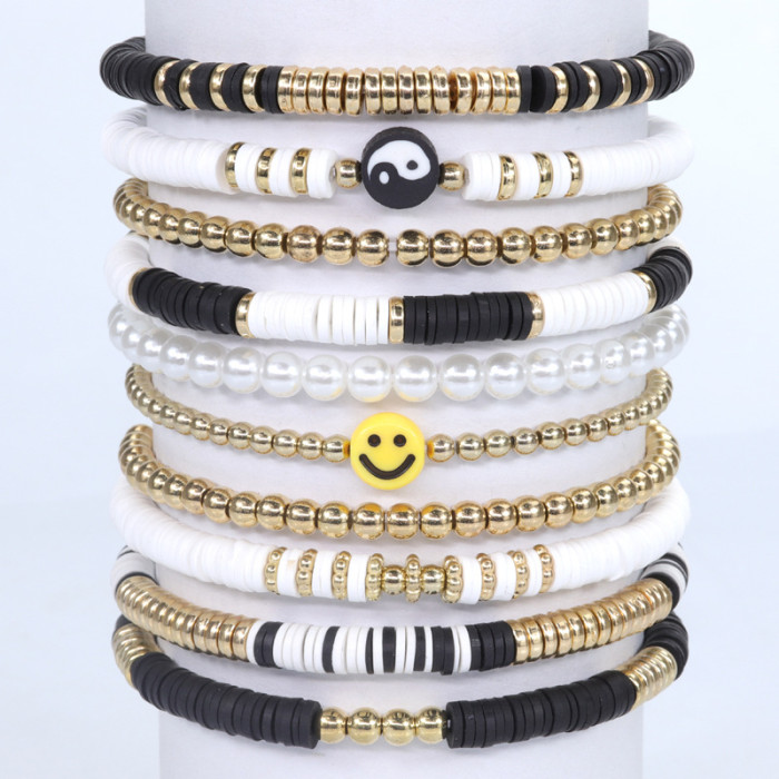 Amazon Hot Selling Bohemian Style Bracelet Set Colorful Soft Clay Smiling Heart Pearl Bracelet Accessories In Stock
