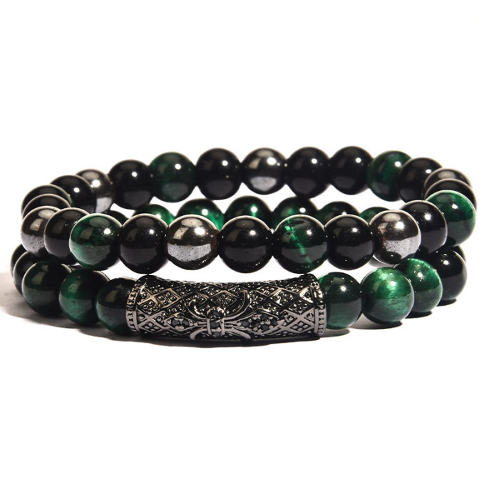 Cross-Border European and American Jewelry Copper Micro-Inlaid Ball Micro-Inlaid Bent Tube Bracelet with Diamond Agate Tiger Eye Stone Men's Set Bracelet