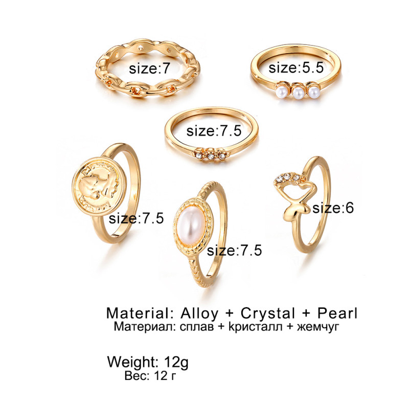 European and American Cross-Border New Retro Pearl Ring Wholesale Creative Hollow Inlaid Diamond Butterfly Relief Human Head Coin Ring
