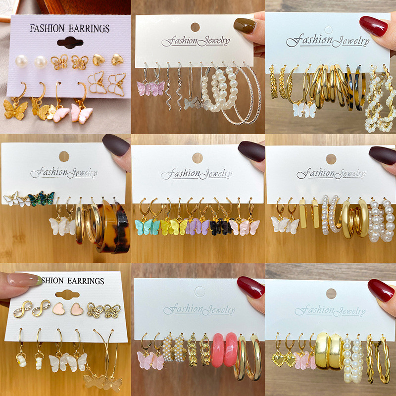Butterfly Earrings Cross-Border New Set 6 Pairs Creative Simple Acrylic Butterfly Earrings 8-Shaped Heart Stud Earrings for Women