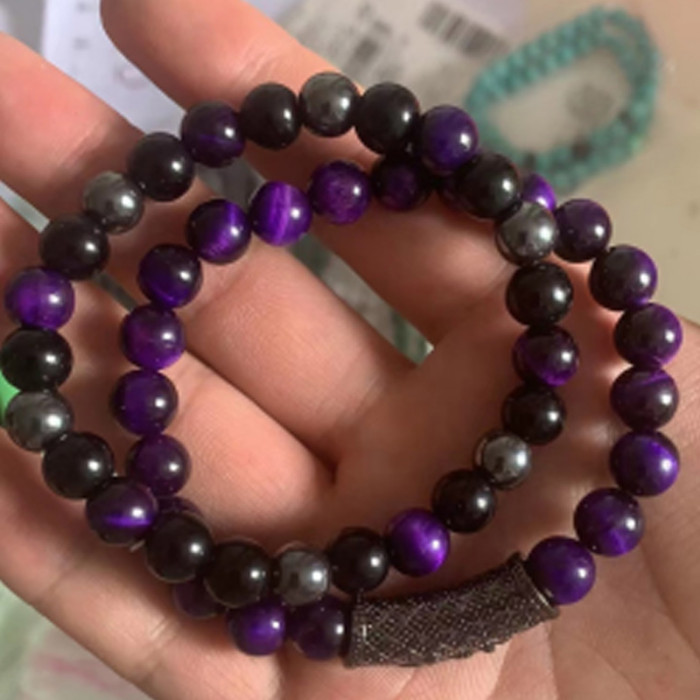 European and American Cross-Border Tiger Eye Stone Copper Micro-Inlaid Elastic Bracelet Black Matte Zircon Ball Punk Style Bracelet Two-Piece Set Wholesale