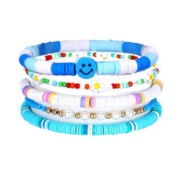 Cross-Border New Colorful Soft Clay Bracelet Sunflower Smiley Face Bracelet Set Pearl Letter Heart Multi-Layer Bracelet