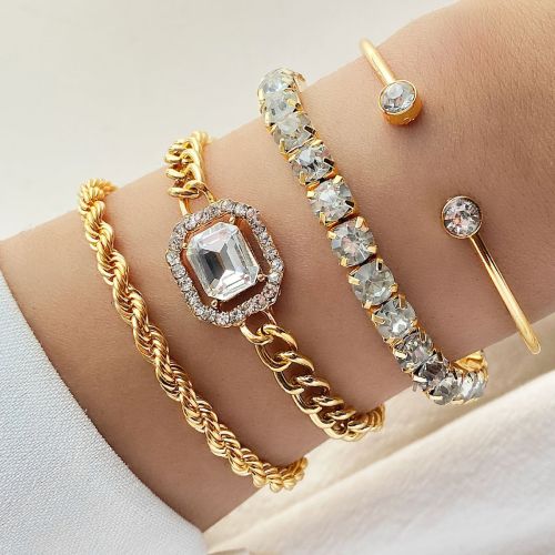 European and American Cross-Border Jewelry Retro Personality Braided Bracelet Imitation Gemstone Exaggerated Punk Bracelet Set of 4 Wholesale