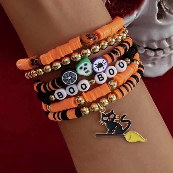 Halloween Multi-layer Bat Pumpkin Spider Hanging Bracelet Artificial Crystal Soft Clay Beaded Party Bracelet Halloween