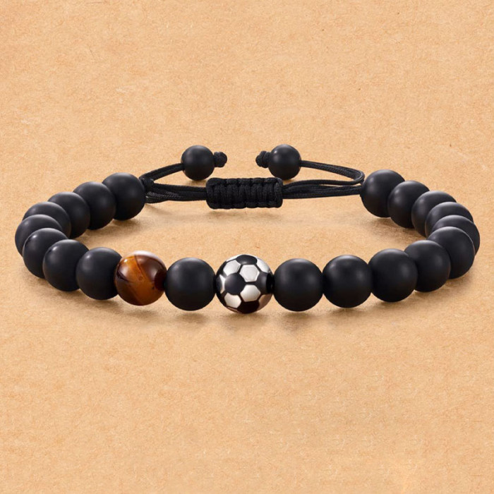 Cross-Border Football Beaded Men's Braided Bracelet Black Matte Coach Football Bracelet Tiger Eye Stone Baseball Bracelet