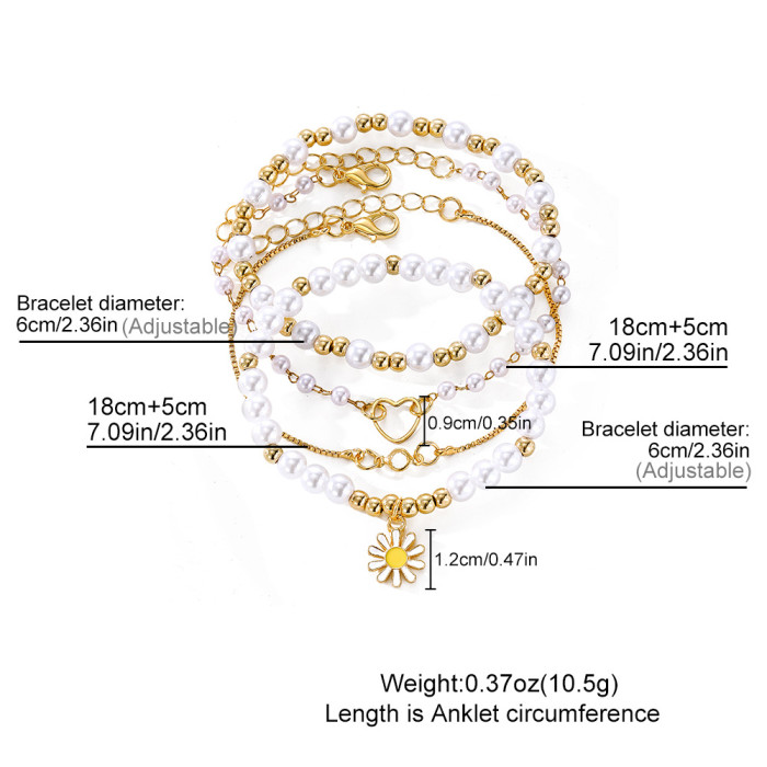 New Style Geometric Daisy Flower Heart Pearl Bracelet Personality Trendy Multi-Layer Stacking Bracelet Set
