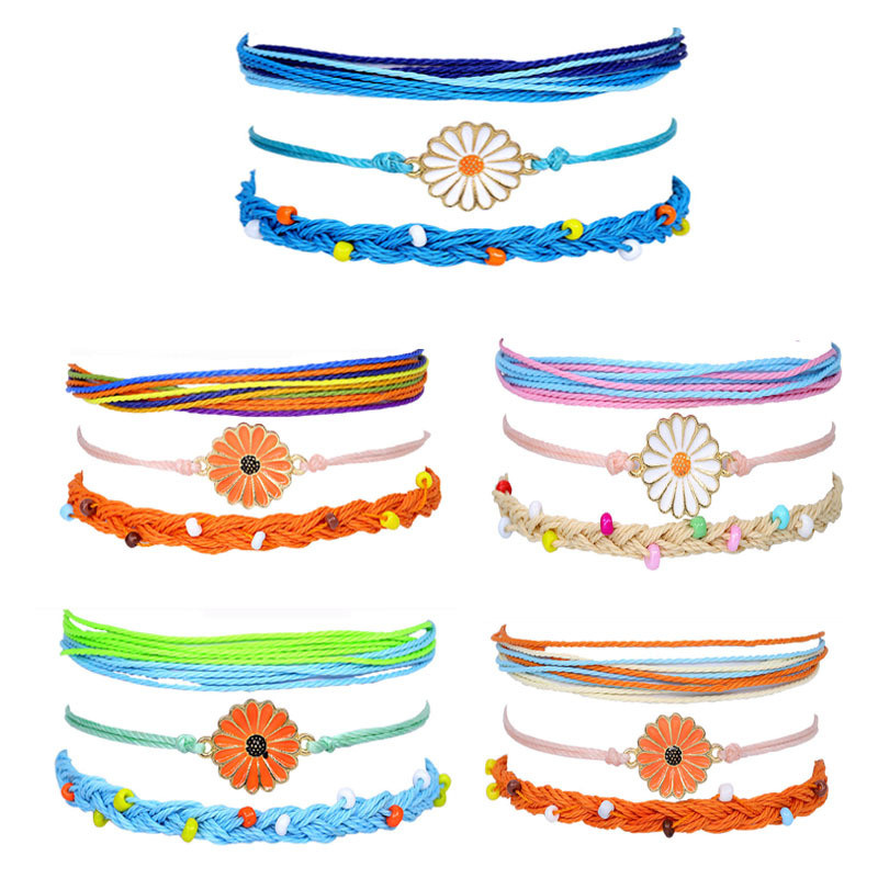 New Cross-Border Bohemian Style Waterproof Wax Thread Handmade Woven Bracelet Alloy Chrysanthemum Beaded Bracelet Set