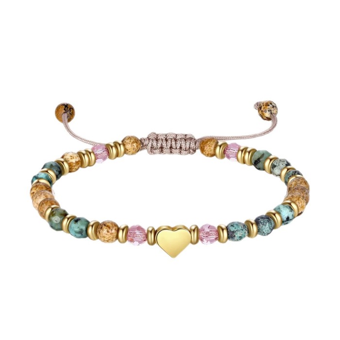 Natural Picture Stone Bracelet African Pine Heart Pendant Rose Quartz Gold Bead Spacer Bracelet Picture Stone Heart Bracelet
