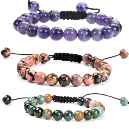 Cross-Border Hot-Selling Pink Quartz Amethyst Handmade Braided Bracelet Agate Adjustable Beaded Rope Jewelry