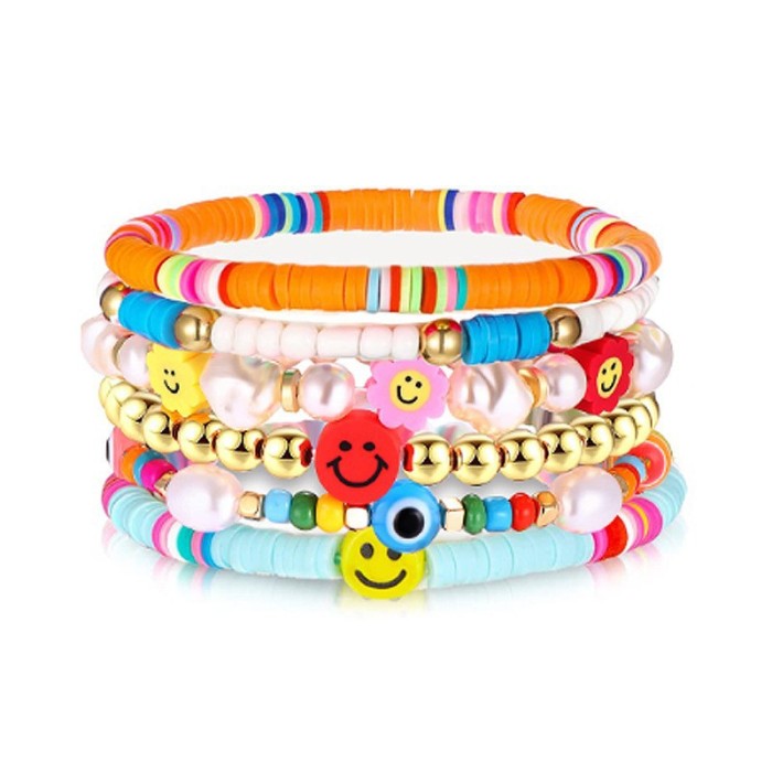 Cross-Border New Colorful Soft Clay Bracelet Sunflower Smiley Face Bracelet Set Pearl Letter Heart Multi-Layer Bracelet