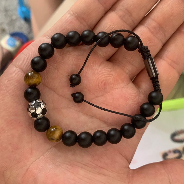 Amazon Hot Selling Obsidian Matte Braided Bracelet Men's Football Fashion Tiger Eye Stone Volcanic Stone Beaded Bracelet