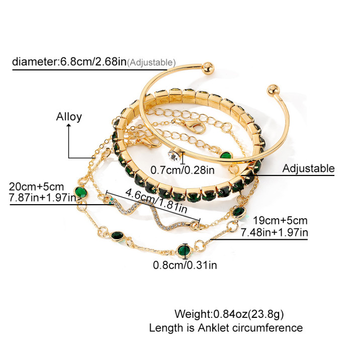 Fashion Retro High-End Inlaid Emerald Stone Snake Bracelet Set Alloy Bracelet Set for Women Hot Sale