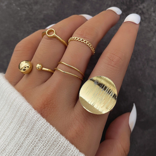 European and American Cross-Border Personality Trend Geometric Round Adjustable Open Rings 5-Piece Set Creative Round Ball Alloy Rings