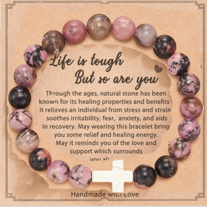 8mm Pink Zebra Stone Bead Bracelet with Card, Holiday Gift for Men and Women, Friendship Heart Bead Bracelet, Wholesale Hot Item