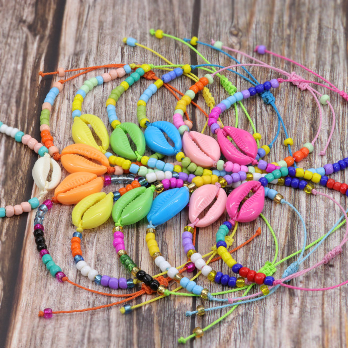 Cross-Border Hot Sale INS Style Acrylic Shell Bracelet Colorful Rice Beads Woven Hand Jewelry Bohemian Bracelet In Stock
