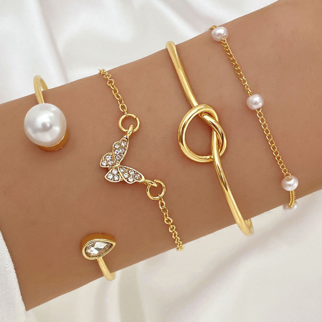 European and American Cross-Border New Knot Open Bracelet Personality Trend Diamond-Encrusted Butterfly Bracelet Pearl 4-Piece Set Jewelry Wholesale