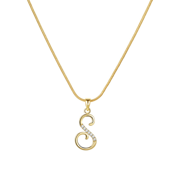 New 26 Letters Creative Simple Alloy Stone-Inlaid Snake Chain Gold Necklace High-End Collarbone Chain for Women