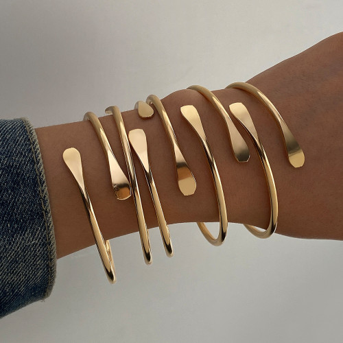 European and American Cross-Border Fashion Hip-Hop Trendy Metal Bracelets Personality Exaggerated Stacking Style Open Bracelets 6-Piece Set Jewelry