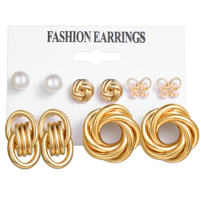 Vintage Gold Earrings Set Stud Earrings 6-Piece Set French Geometric Inlaid Pearl Earrings, Jewelry Sets