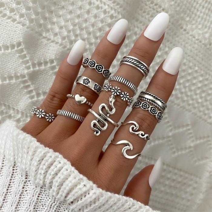 European and American Cross-Border Vintage Distressed Butterfly Snake-Shaped Ring Set Combination Open Multi-Joint Ring Set 9-Piece Set