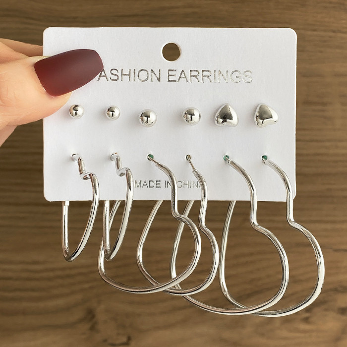 Fashion Commuting Large Circle Hoop Earrings Heart Studs Simple Geometric Coil Metal Clip Earrings Set, Jewelry Sets