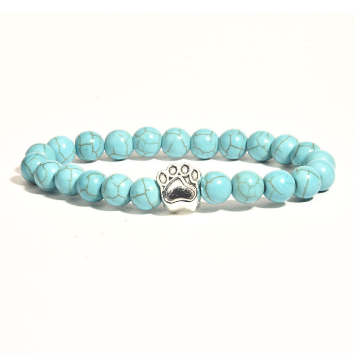 Wish Hot Sale 8mm Black Volcanic Rock Turquoise Dog Paw Elastic Cord Bracelet Factory Direct Sale Cross-Border Bestseller