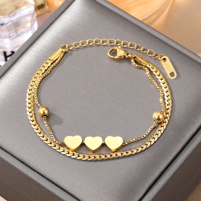 Stainless Steel Bracelet for Women Double Layer Gold Beads Twist Chain Blade Chain Thin Snake Bone Chain Map Pentagra...