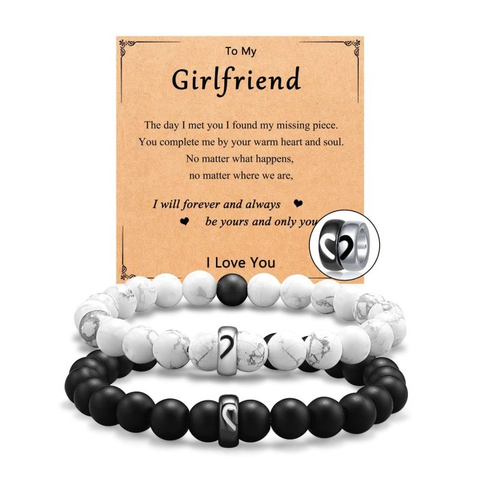 Frosted Black and White Turquoise Bracelet Set Holiday Gift Heart Bracelet Engraved Black and White Steel Ring Couple Bracelet