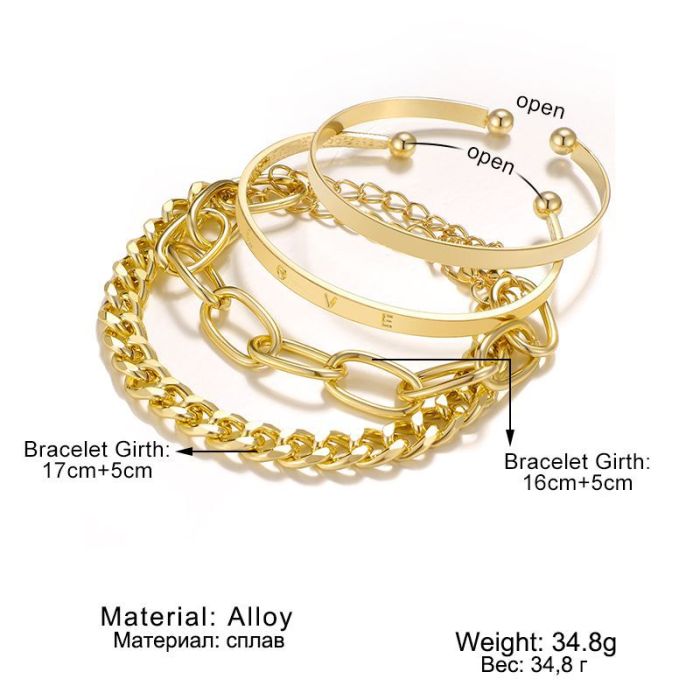 Bracelet 3-Piece Set Personality Hip-Hop Punk Style LOVE Flat Snake Bone Chain Multi-Layer Thick Chain, Jewelry Sets
