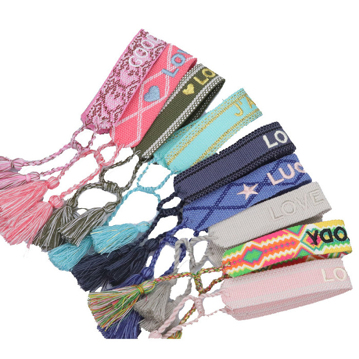 European and American Style Woven Couple Bracelets with Letter Embroidery, Tassel Wristbands, LOGO Fashionable Men's and Women's Woven Bracelets