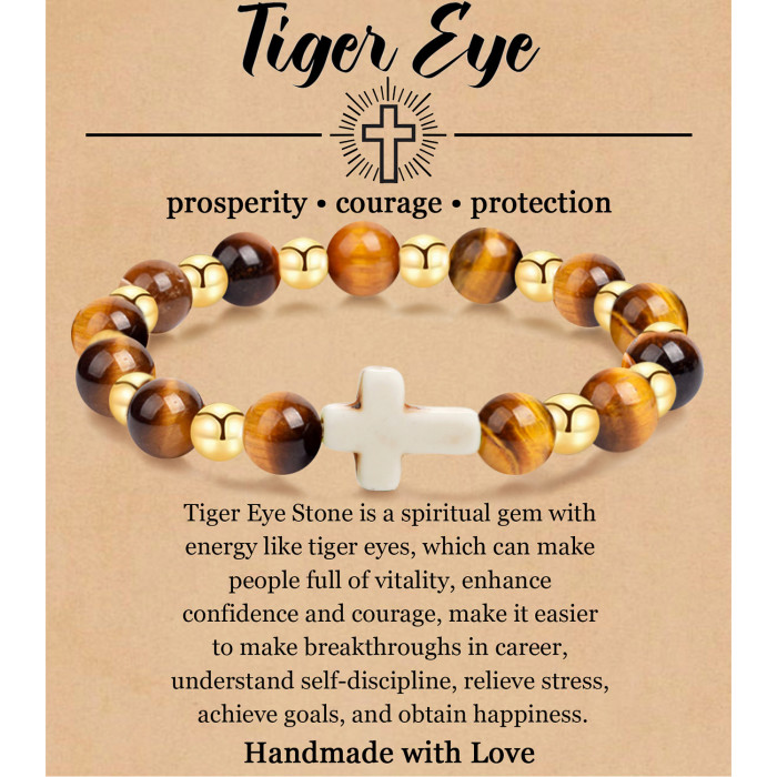 Cross-Border 8mm Pink Zebra Tiger Eye Cross Bracelet Pink Malachite Elastic Beaded Bracelet for Men and Women