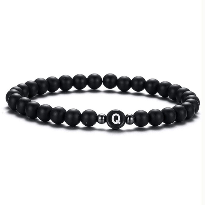 Wish Hot Sale 6MM Black Matte Imitation Obsidian Beads 26 Letter Bracelet Personalized Couple Jewelry Cross-Border