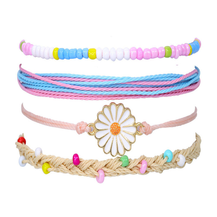 New Bohemian Style Waterproof Wax Thread Handmade Woven Bracelet Alloy Chrysanthemum Beaded Bracelet Set
