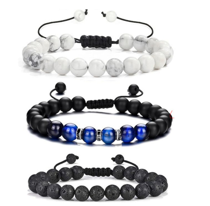 Hot-Selling Amazon European and American Men's Fashion Tiger Eye Volcanic Stone Bracelet White Pine Snowflake Bracelet Versatile Accessories