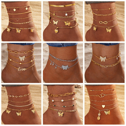 European and American Multi-layer Chain Anklet Beach Foot Jewelry for Women Cross-border Niche Butterfly Heart Tassel Pendant Fashion Foot Jewelry for Women