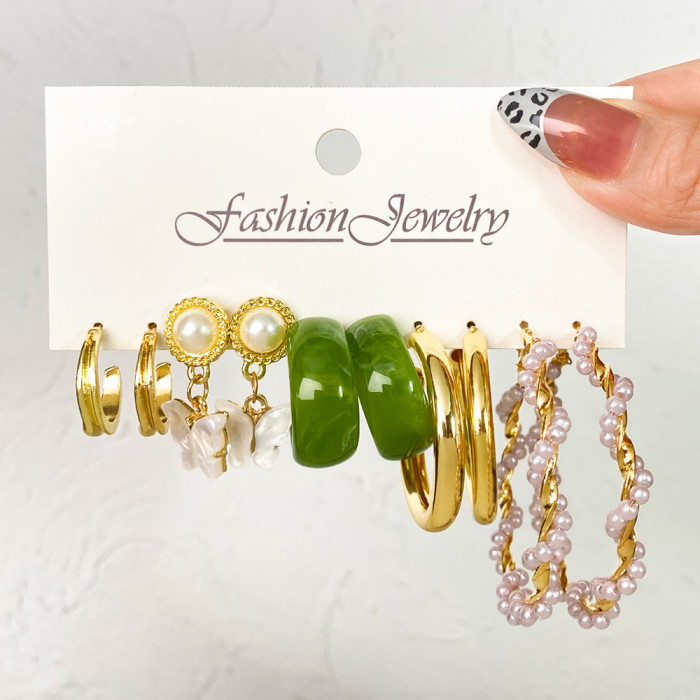 Korean Jewelry Circle Earrings Creative Vintage Pearl Earrings Set of 5 Acrylic Butterfly Pendant Earrings, Jewelry Sets