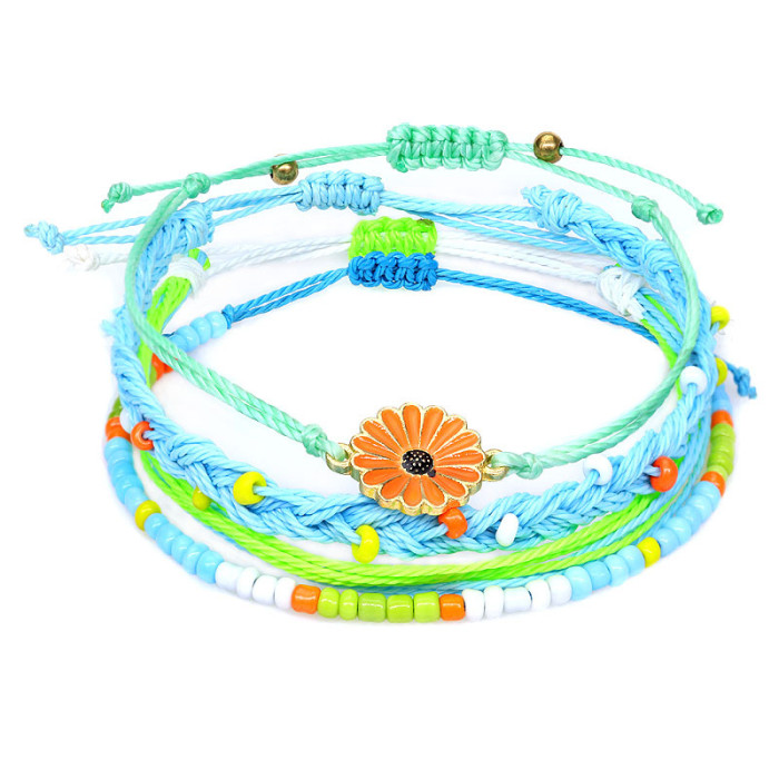 New Bohemian Style Waterproof Wax Thread Handmade Woven Bracelet Alloy Chrysanthemum Beaded Bracelet Set