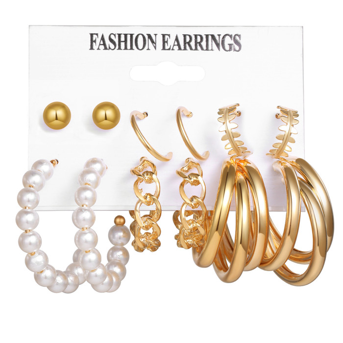 Vintage Gold Earrings Set Stud Earrings 6-Piece Set French Geometric Inlaid Pearl Earrings, Jewelry Sets