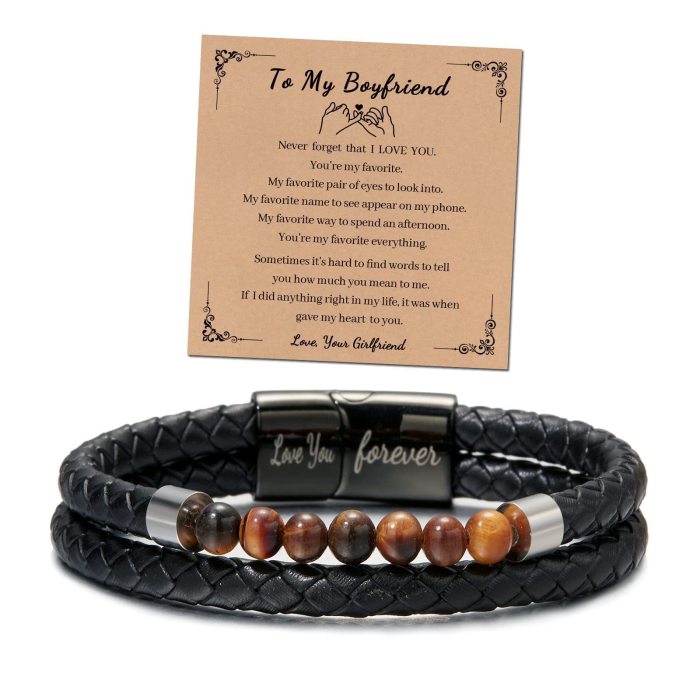 Leather Bracelet Stainless Steel Black Engraved Magnetic Clasp Love You Forever Double Layer Tiger Eye Stone Leather Bracelet