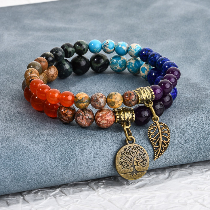 New Product 6m8m Tree of Life Leaf Pendant Set Bracelet Colorful Tiger Eye Amethyst Agate Bracelet Set Amazon