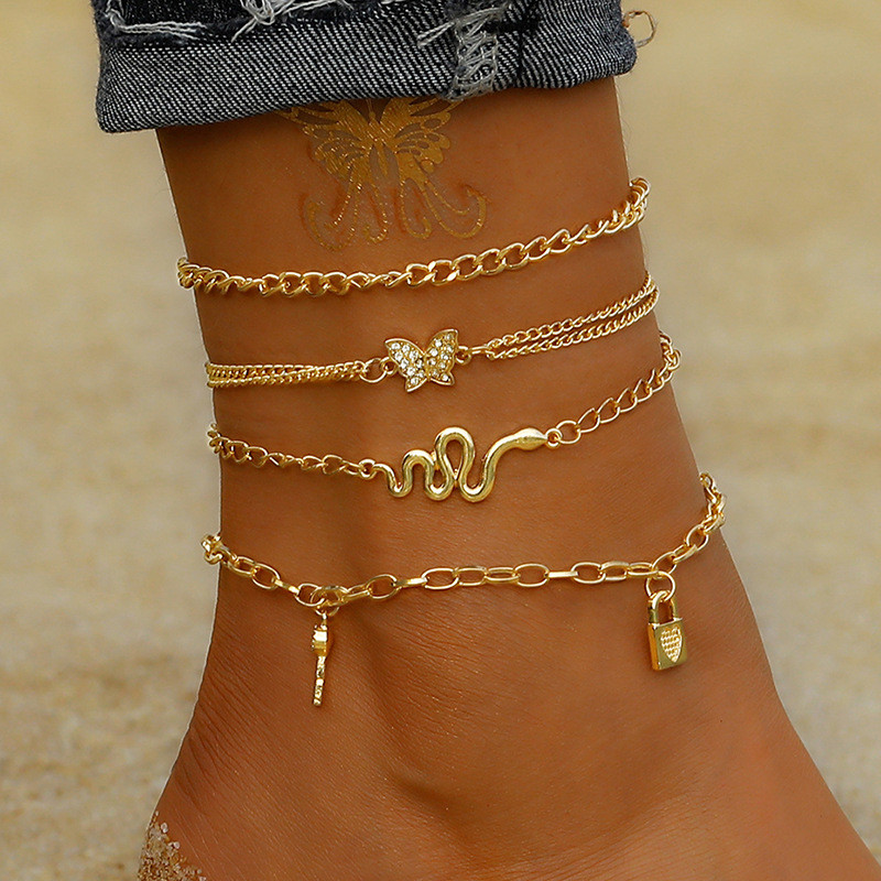European and American Cross-Border New Retro Snake Chain Butterfly Lock Multi-Layer Anklet Set Ins 2-Piece Set Anklet for Women HZS1786